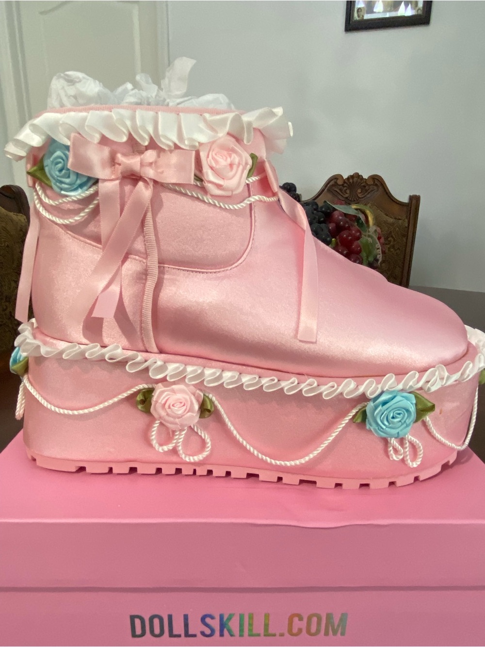 Dolls Kill Pink Satin Platform Women’s Boots with Floral Rope Trim